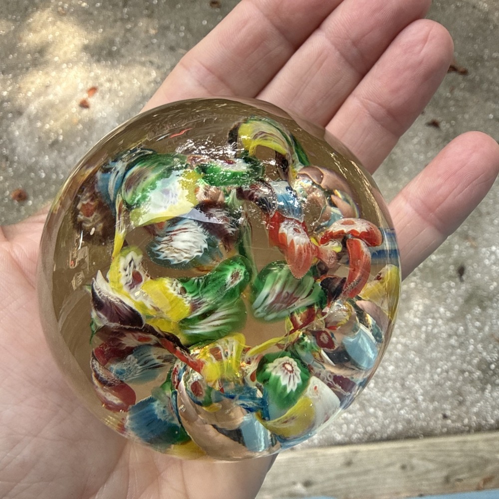 Vintage Art Glass Paper Weight Wales Japan Millefiori Flowers Mosaic Orb Whimsy